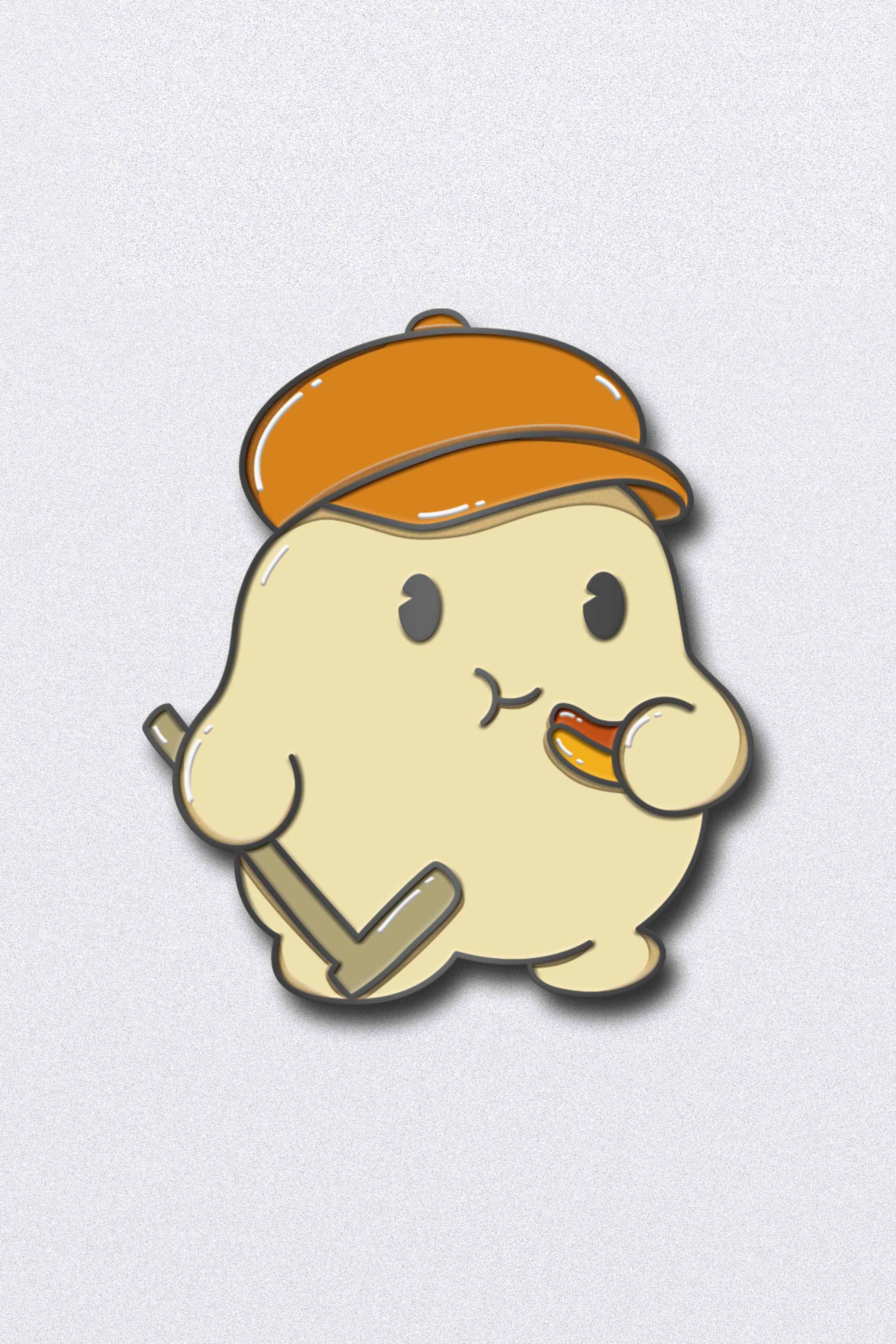 Cartoon character with a cap and fishing rod on a light gray background