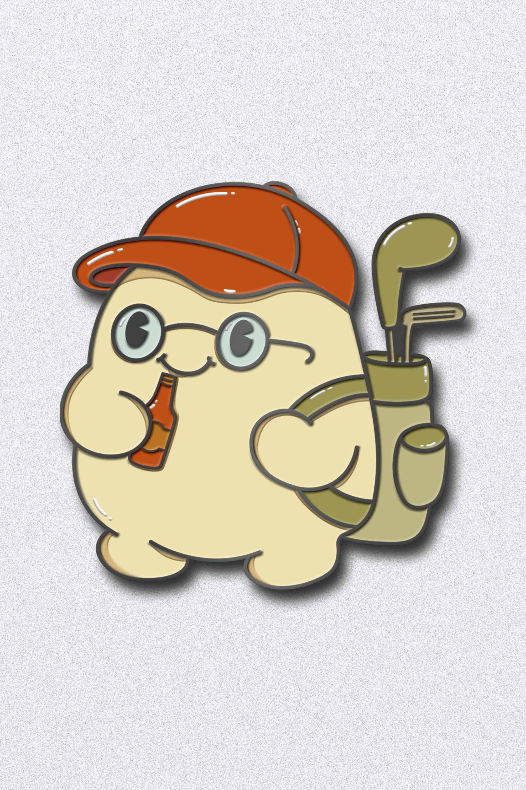 Cartoon character with a red cap and golf club on a light gray background